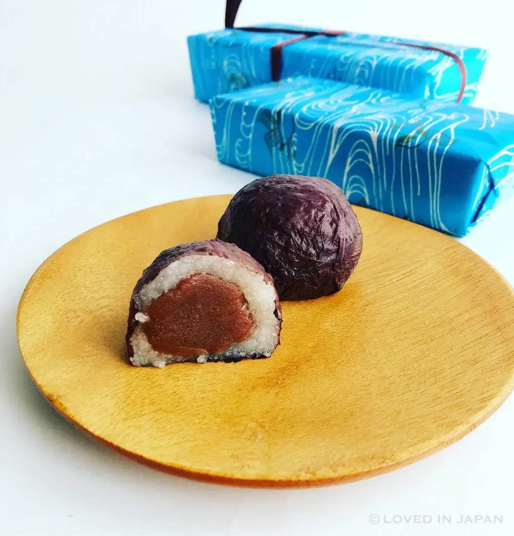 Shiso mochi wrapped in a shiso leaf