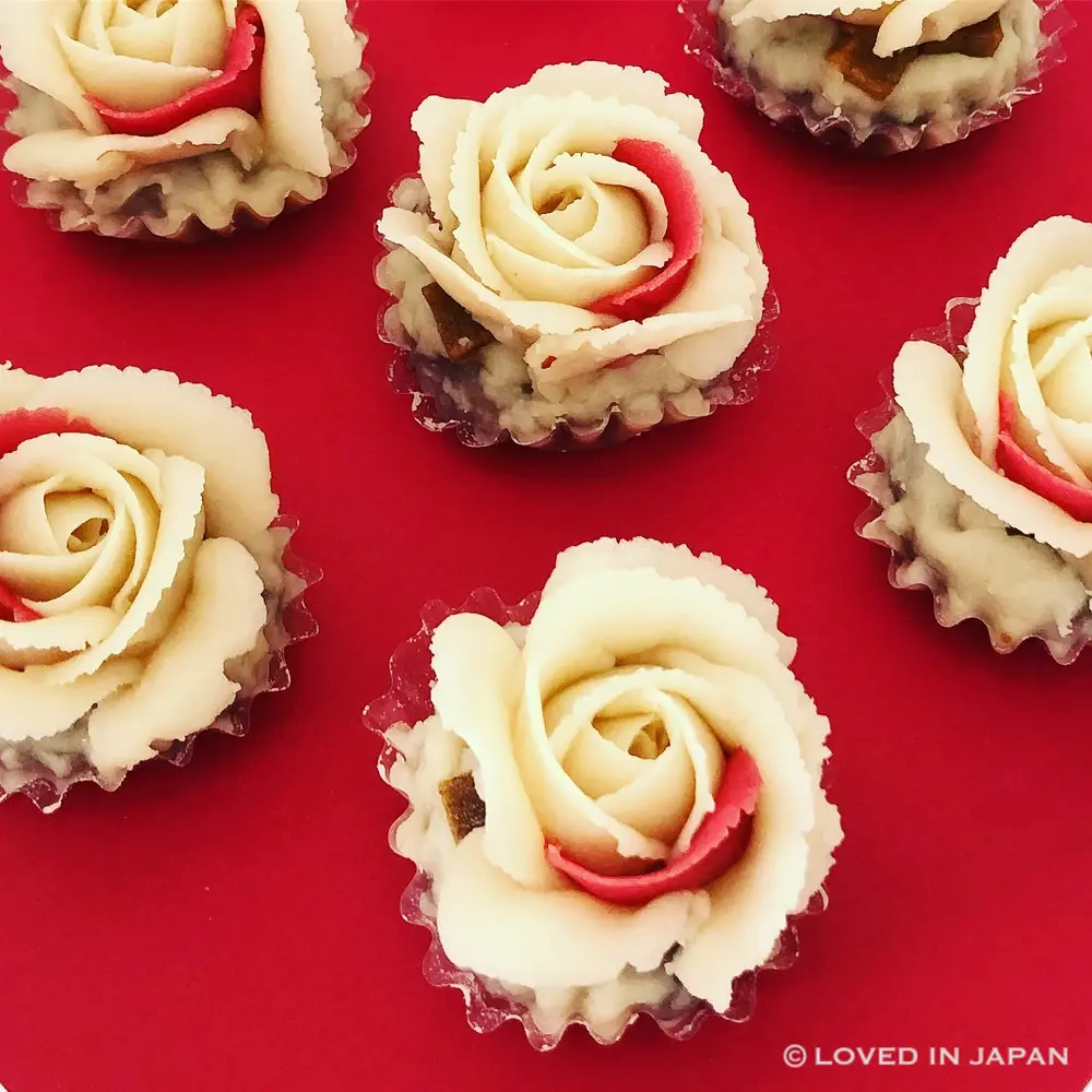 Flower-like ohagi shaped with petal-like layers of bean paste